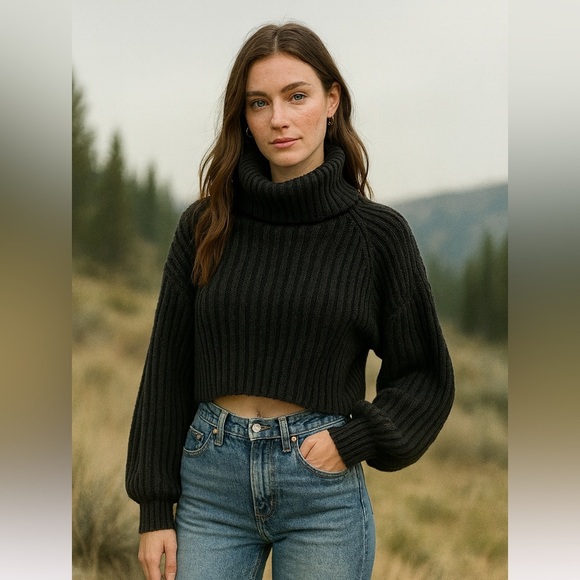 Urban Outfitters Cropped Charcoal Gray Chunky Cowl Neck Sweater – Size Small - Picture 1 of 12